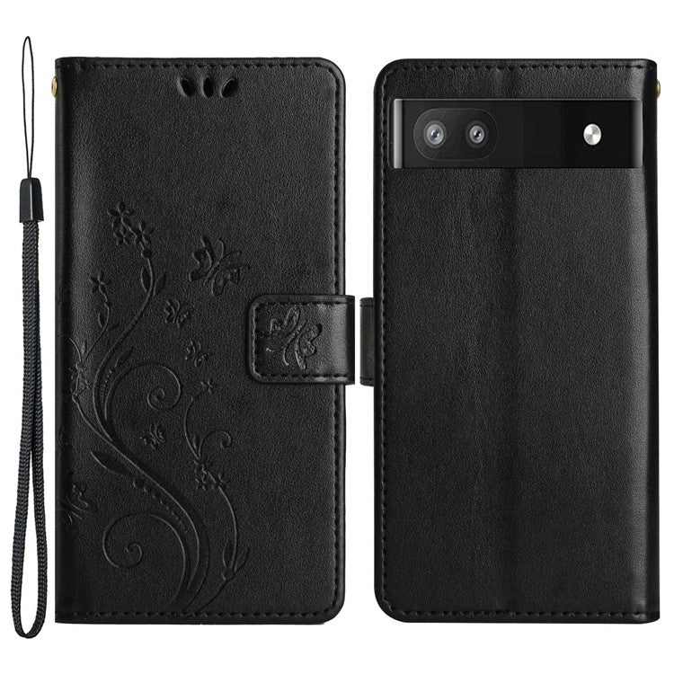 For Google Pixel 6a Drop-proof Phone Case Imprinted Butterflies PU Leather Mobile Phone Wallet Cover Stand Phone Shell - Black