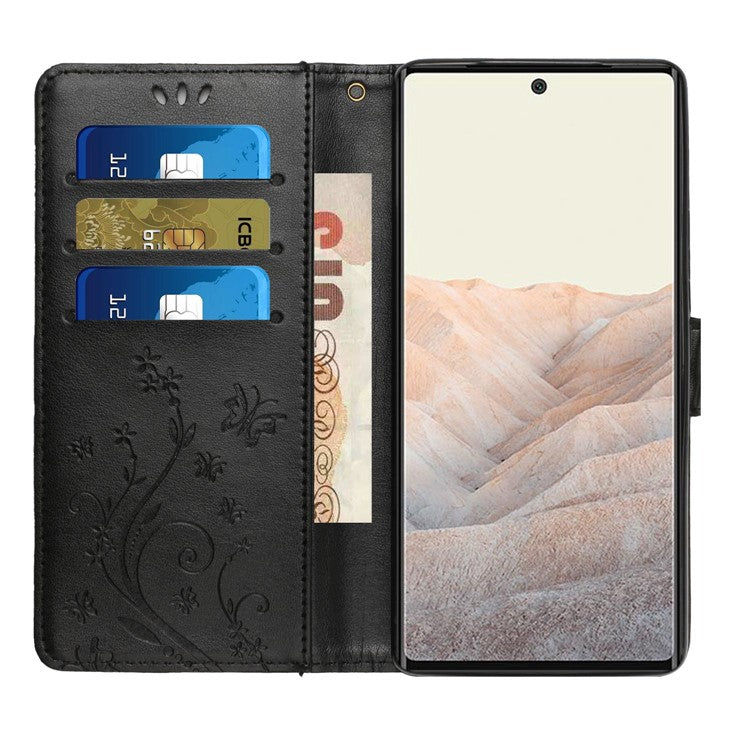 For Google Pixel 6a Drop-proof Phone Case Imprinted Butterflies PU Leather Mobile Phone Wallet Cover Stand Phone Shell - Black