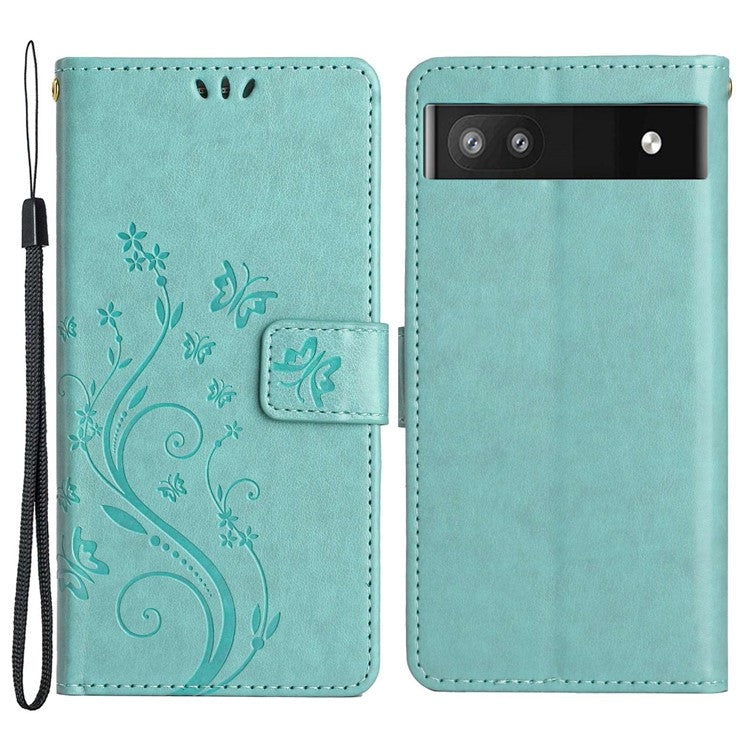 For Google Pixel 6a Drop-proof Phone Case Imprinted Butterflies PU Leather Mobile Phone Wallet Cover Stand Phone Shell - Green