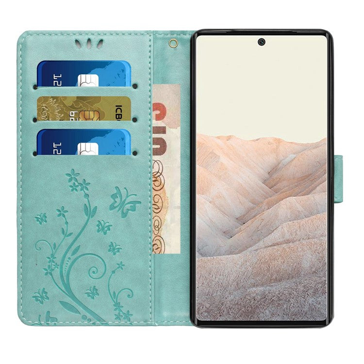 For Google Pixel 6a Drop-proof Phone Case Imprinted Butterflies PU Leather Mobile Phone Wallet Cover Stand Phone Shell - Green