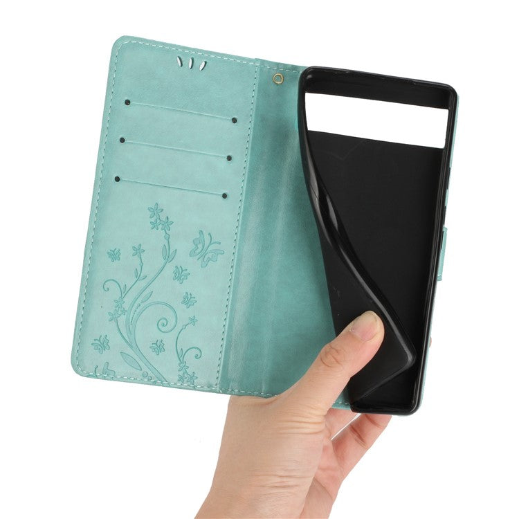 For Google Pixel 6a Drop-proof Phone Case Imprinted Butterflies PU Leather Mobile Phone Wallet Cover Stand Phone Shell - Green