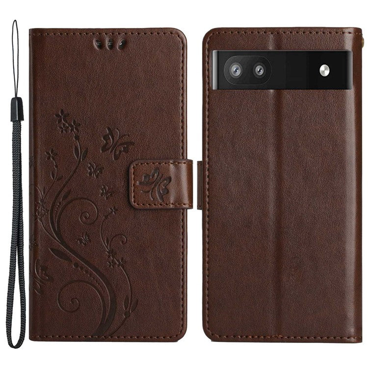 For Google Pixel 6a Drop-proof Phone Case Imprinted Butterflies PU Leather Mobile Phone Wallet Cover Stand Phone Shell - Brown