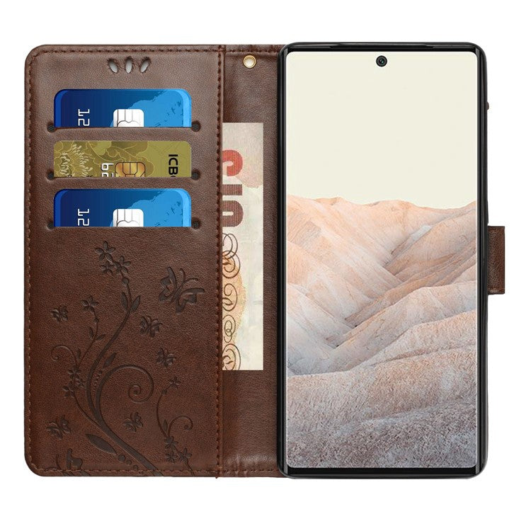 For Google Pixel 6a Drop-proof Phone Case Imprinted Butterflies PU Leather Mobile Phone Wallet Cover Stand Phone Shell - Brown