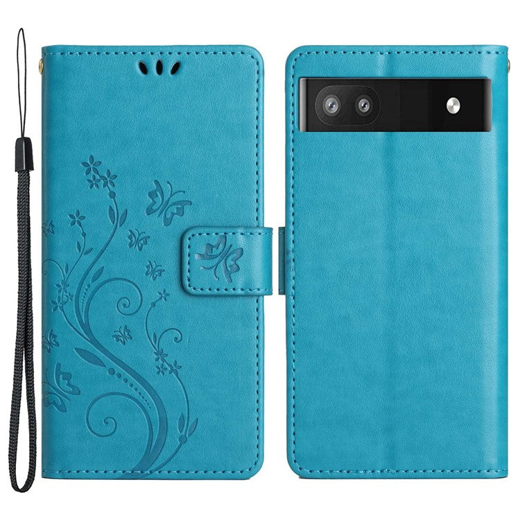 For Google Pixel 6a Drop-proof Phone Case Imprinted Butterflies PU Leather Mobile Phone Wallet Cover Stand Phone Shell - Blue