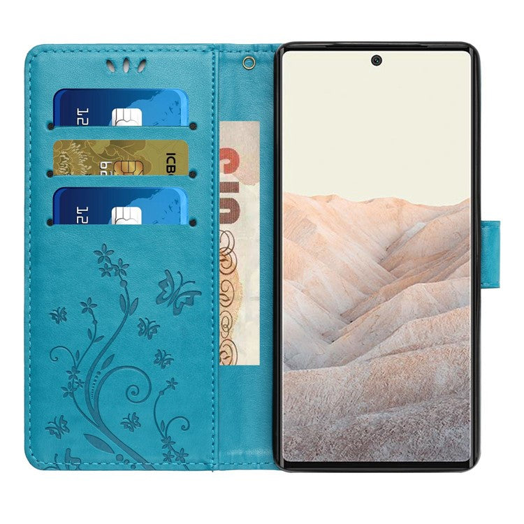 For Google Pixel 6a Drop-proof Phone Case Imprinted Butterflies PU Leather Mobile Phone Wallet Cover Stand Phone Shell - Blue