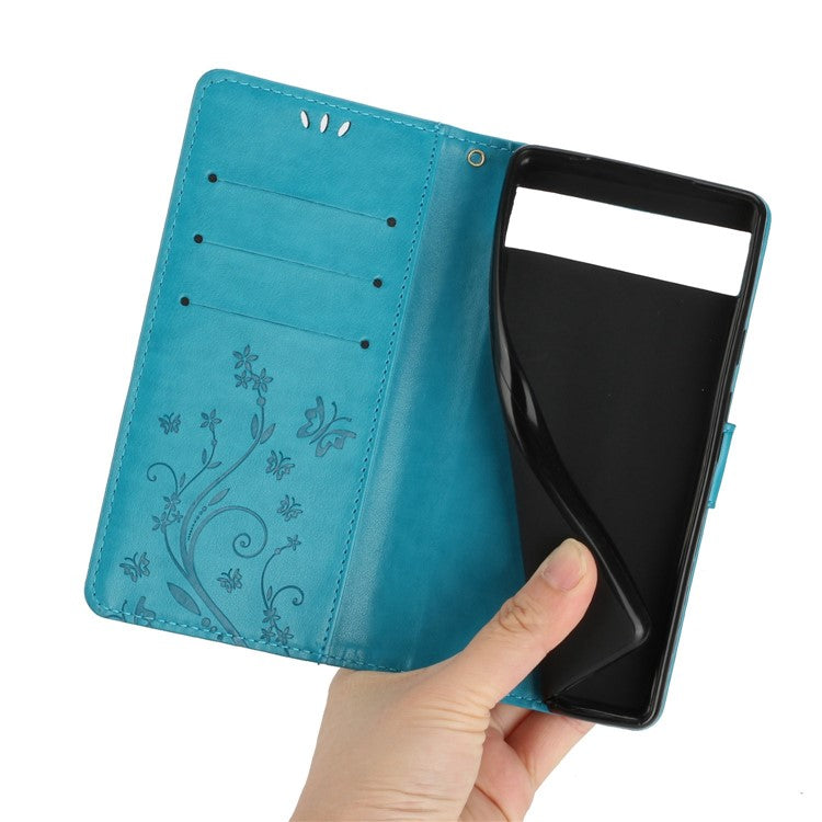 For Google Pixel 6a Drop-proof Phone Case Imprinted Butterflies PU Leather Mobile Phone Wallet Cover Stand Phone Shell - Blue