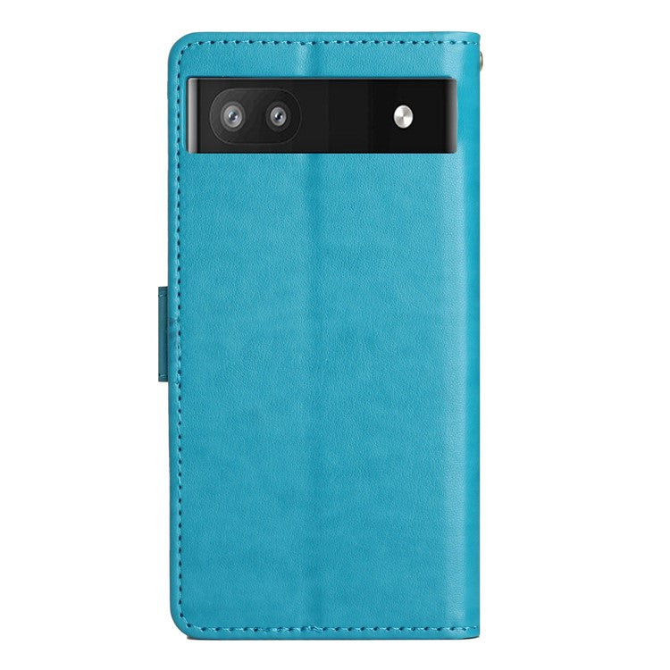 For Google Pixel 6a Drop-proof Phone Case Imprinted Butterflies PU Leather Mobile Phone Wallet Cover Stand Phone Shell - Blue