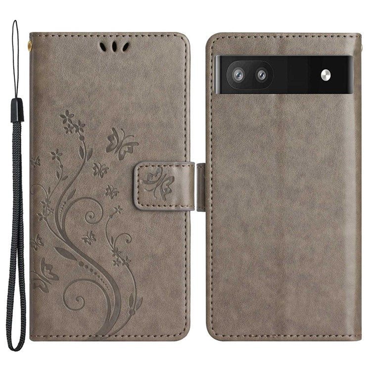 For Google Pixel 6a Drop-proof Phone Case Imprinted Butterflies PU Leather Mobile Phone Wallet Cover Stand Phone Shell - Grey