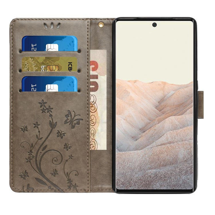 For Google Pixel 6a Drop-proof Phone Case Imprinted Butterflies PU Leather Mobile Phone Wallet Cover Stand Phone Shell - Grey