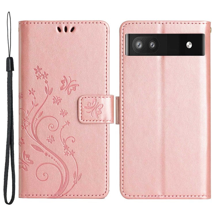 For Google Pixel 6a Drop-proof Phone Case Imprinted Butterflies PU Leather Mobile Phone Wallet Cover Stand Phone Shell - Rose Gold