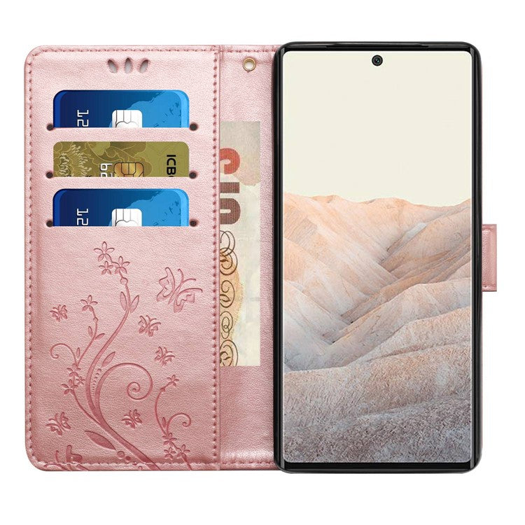 For Google Pixel 6a Drop-proof Phone Case Imprinted Butterflies PU Leather Mobile Phone Wallet Cover Stand Phone Shell - Rose Gold