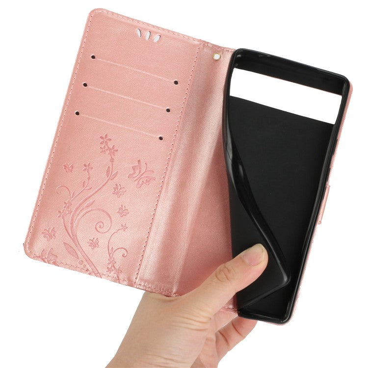 For Google Pixel 6a Drop-proof Phone Case Imprinted Butterflies PU Leather Mobile Phone Wallet Cover Stand Phone Shell - Rose Gold