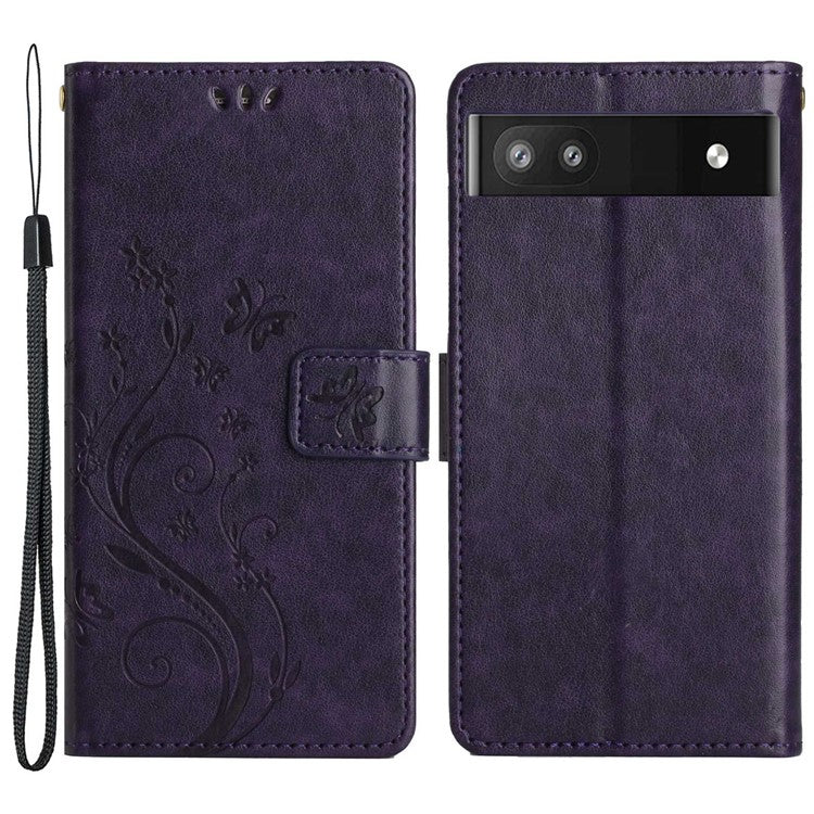 For Google Pixel 6a Drop-proof Phone Case Imprinted Butterflies PU Leather Mobile Phone Wallet Cover Stand Phone Shell - Dark Purple