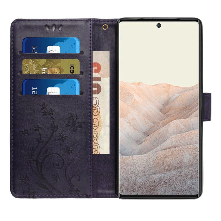 For Google Pixel 6a Drop-proof Phone Case Imprinted Butterflies PU Leather Mobile Phone Wallet Cover Stand Phone Shell - Dark Purple