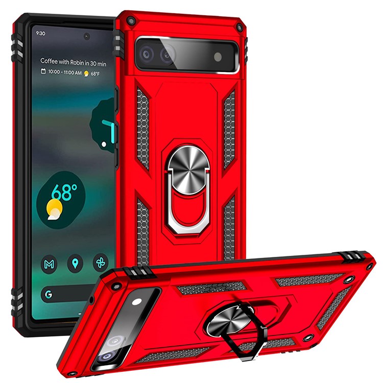 For Google Pixel 6a 5G Anti-drop TPU + PC Phone Case Ring Holder Kickstand Protective Cover with Car Mount Metal Sheet - Red