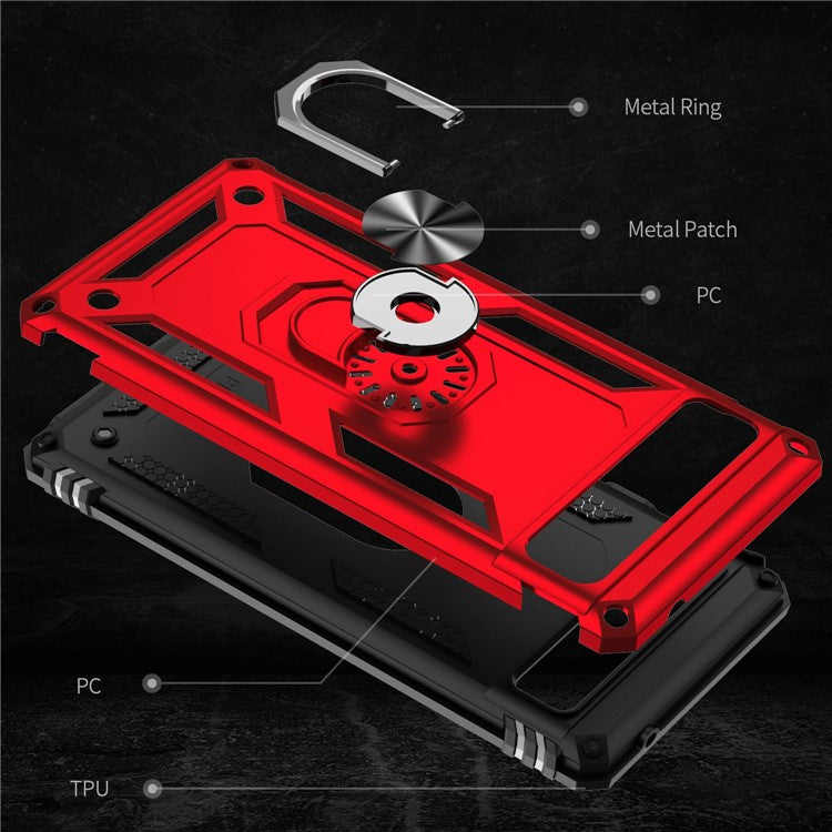 For Google Pixel 6a 5G Anti-drop TPU + PC Phone Case Ring Holder Kickstand Protective Cover with Car Mount Metal Sheet - Red