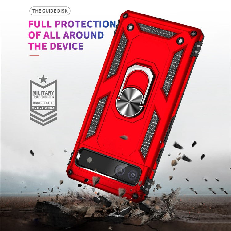 For Google Pixel 6a 5G Anti-drop TPU + PC Phone Case Ring Holder Kickstand Protective Cover with Car Mount Metal Sheet - Red