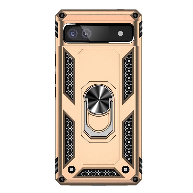 For Google Pixel 6a 5G Anti-drop TPU + PC Phone Case Ring Holder Kickstand Protective Cover with Car Mount Metal Sheet - Gold