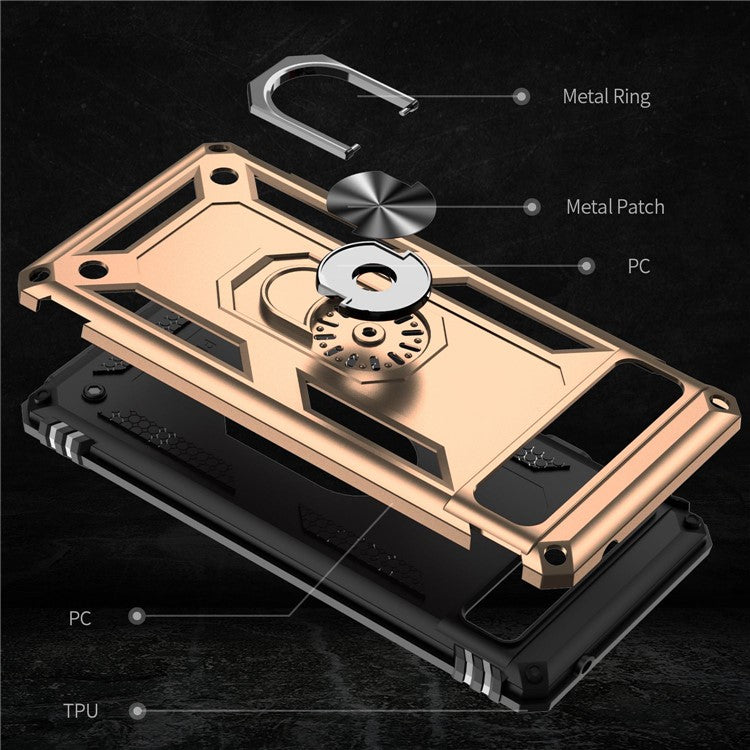 For Google Pixel 6a 5G Anti-drop TPU + PC Phone Case Ring Holder Kickstand Protective Cover with Car Mount Metal Sheet - Gold