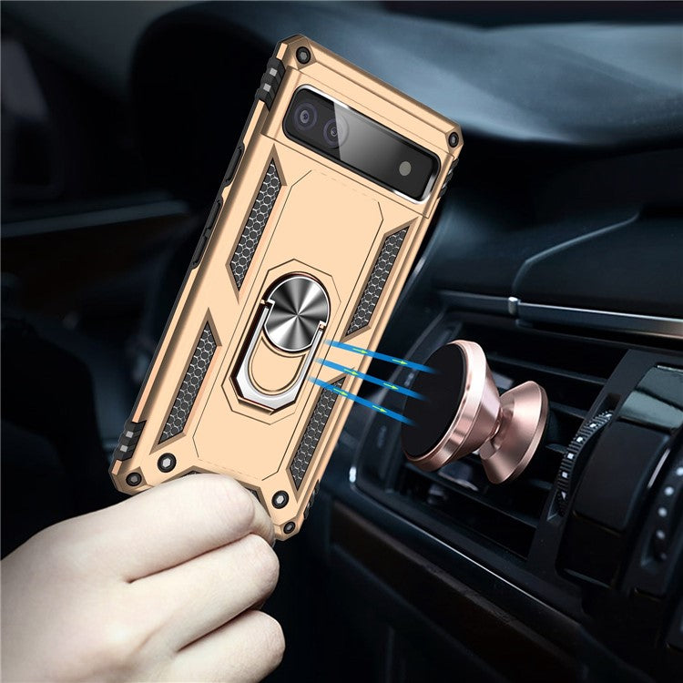 For Google Pixel 6a 5G Anti-drop TPU + PC Phone Case Ring Holder Kickstand Protective Cover with Car Mount Metal Sheet - Gold