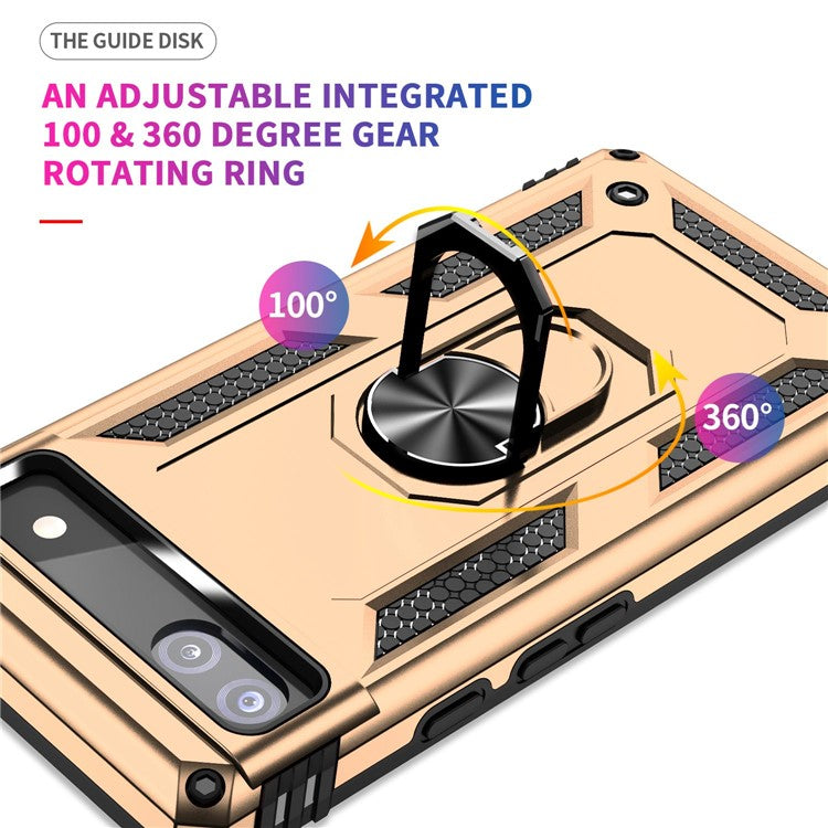 For Google Pixel 6a 5G Anti-drop TPU + PC Phone Case Ring Holder Kickstand Protective Cover with Car Mount Metal Sheet - Gold