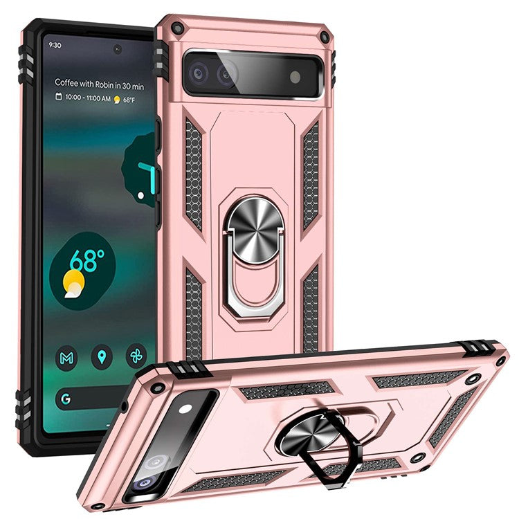 For Google Pixel 6a 5G Anti-drop TPU + PC Phone Case Ring Holder Kickstand Protective Cover with Car Mount Metal Sheet - Rose Gold