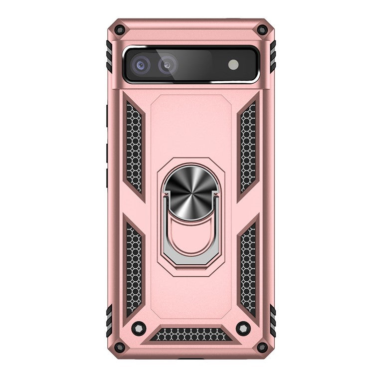 For Google Pixel 6a 5G Anti-drop TPU + PC Phone Case Ring Holder Kickstand Protective Cover with Car Mount Metal Sheet - Rose Gold