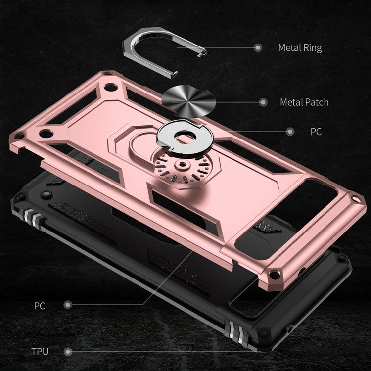 For Google Pixel 6a 5G Anti-drop TPU + PC Phone Case Ring Holder Kickstand Protective Cover with Car Mount Metal Sheet - Rose Gold