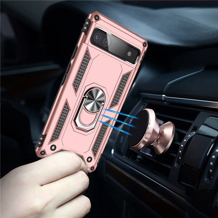 For Google Pixel 6a 5G Anti-drop TPU + PC Phone Case Ring Holder Kickstand Protective Cover with Car Mount Metal Sheet - Rose Gold