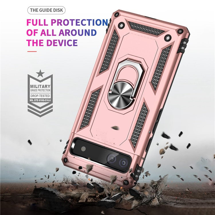 For Google Pixel 6a 5G Anti-drop TPU + PC Phone Case Ring Holder Kickstand Protective Cover with Car Mount Metal Sheet - Rose Gold