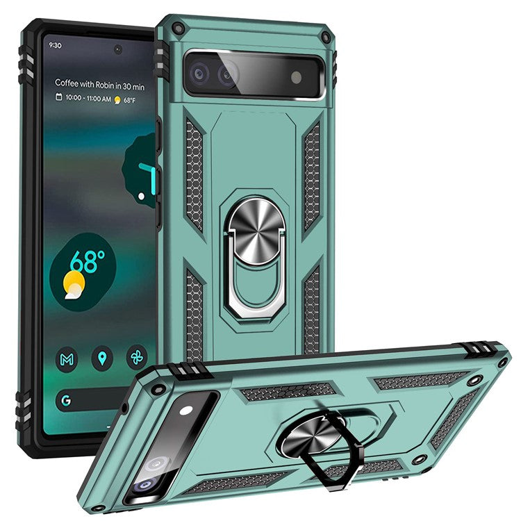 For Google Pixel 6a 5G Anti-drop TPU + PC Phone Case Ring Holder Kickstand Protective Cover with Car Mount Metal Sheet - Blackish Green