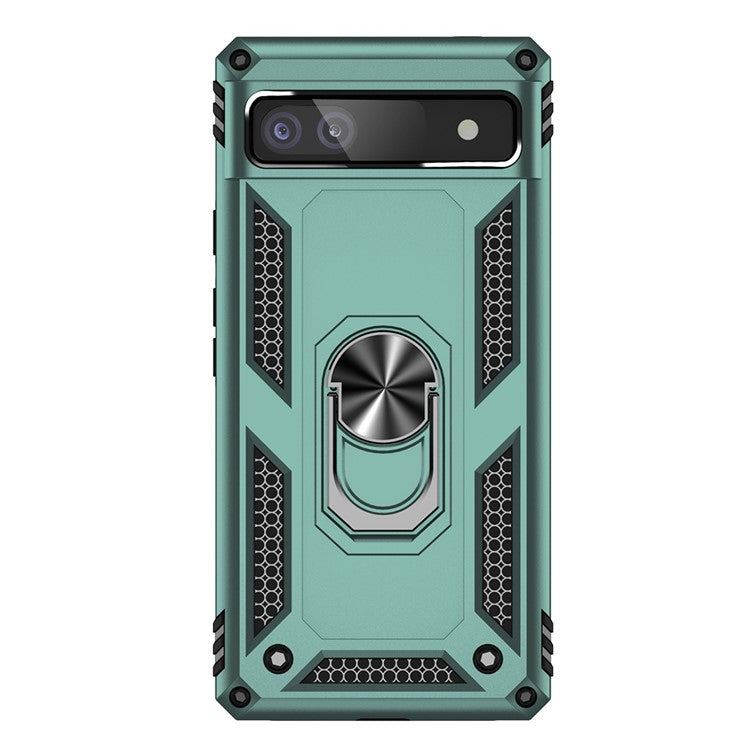 For Google Pixel 6a 5G Anti-drop TPU + PC Phone Case Ring Holder Kickstand Protective Cover with Car Mount Metal Sheet - Blackish Green