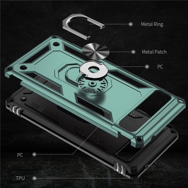 For Google Pixel 6a 5G Anti-drop TPU + PC Phone Case Ring Holder Kickstand Protective Cover with Car Mount Metal Sheet - Blackish Green