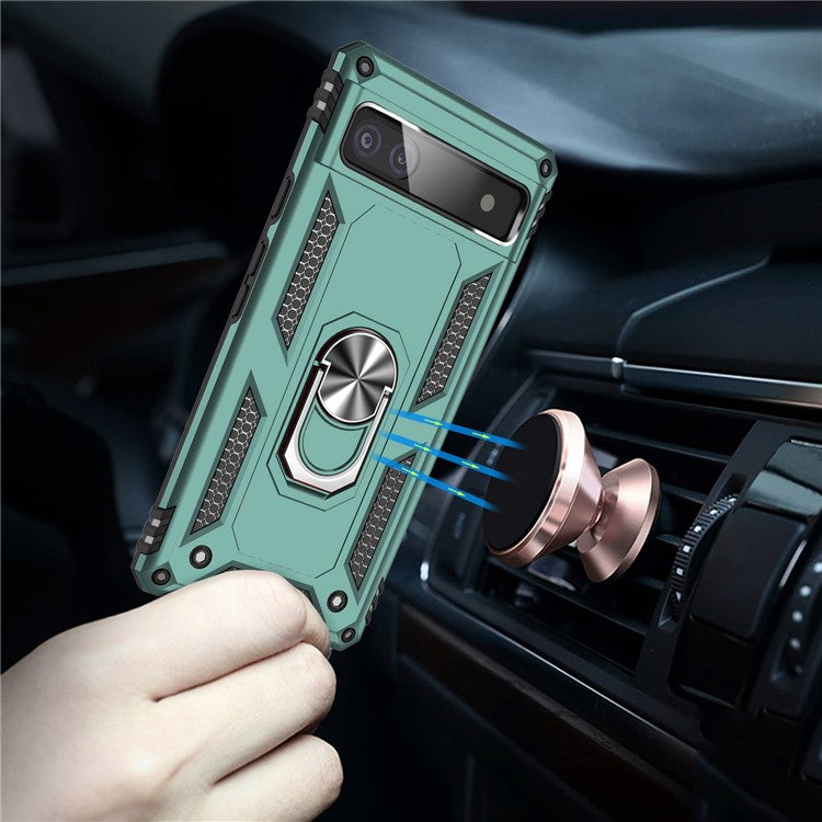 For Google Pixel 6a 5G Anti-drop TPU + PC Phone Case Ring Holder Kickstand Protective Cover with Car Mount Metal Sheet - Blackish Green