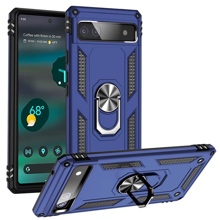 For Google Pixel 6a 5G Anti-drop TPU + PC Phone Case Ring Holder Kickstand Protective Cover with Car Mount Metal Sheet - Blue