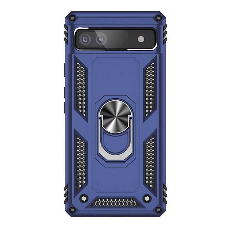 For Google Pixel 6a 5G Anti-drop TPU + PC Phone Case Ring Holder Kickstand Protective Cover with Car Mount Metal Sheet - Blue