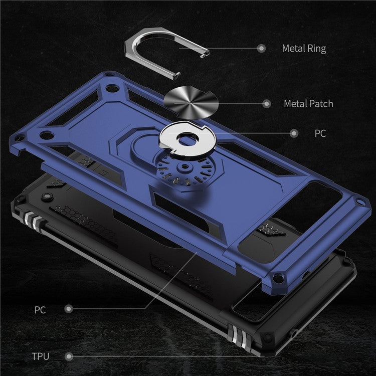 For Google Pixel 6a 5G Anti-drop TPU + PC Phone Case Ring Holder Kickstand Protective Cover with Car Mount Metal Sheet - Blue