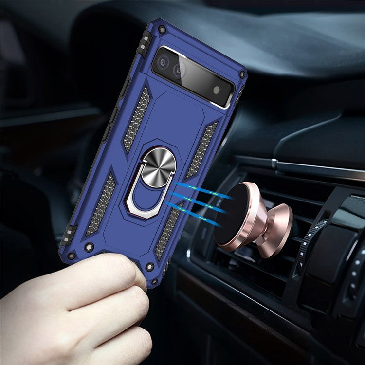 For Google Pixel 6a 5G Anti-drop TPU + PC Phone Case Ring Holder Kickstand Protective Cover with Car Mount Metal Sheet - Blue