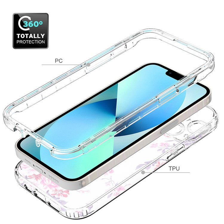 For-iPhone-14-6.1-inch-/-13-6.1-inch-Pattern-Printing-Clear-Phone-Case-Hybrid-PC-+-TPU-Protective-Cover---Rose