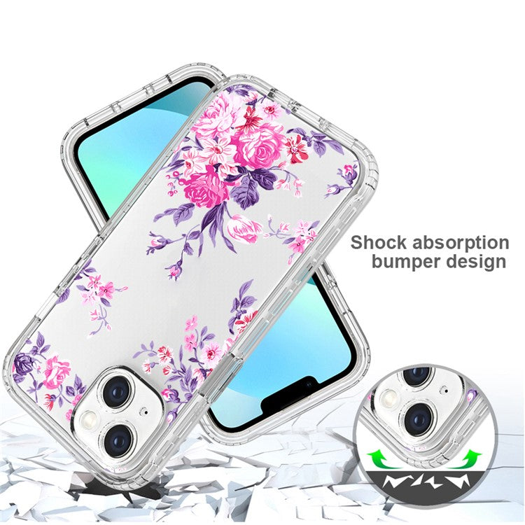 For-iPhone-14-6.1-inch-/-13-6.1-inch-Pattern-Printing-Clear-Phone-Case-Hybrid-PC-+-TPU-Protective-Cover---Rose