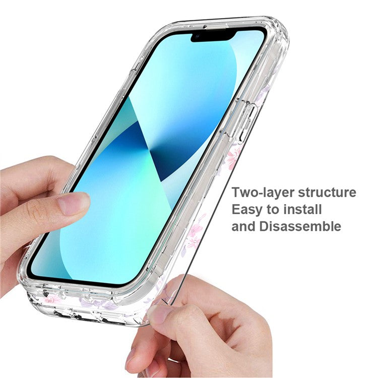 For-iPhone-14-6.1-inch-/-13-6.1-inch-Pattern-Printing-Clear-Phone-Case-Hybrid-PC-+-TPU-Protective-Cover---Rose