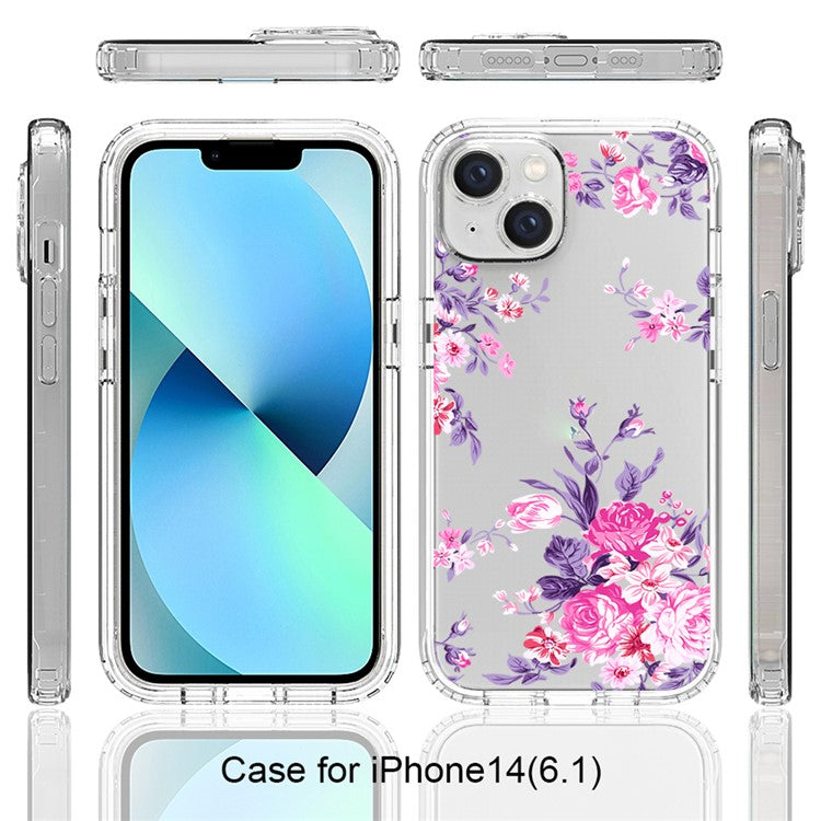 For-iPhone-14-6.1-inch-/-13-6.1-inch-Pattern-Printing-Clear-Phone-Case-Hybrid-PC-+-TPU-Protective-Cover---Rose