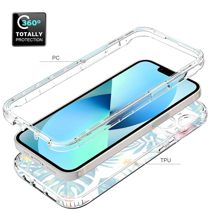 For-iPhone-14-6.1-inch-/-13-6.1-inch-Pattern-Printing-Clear-Phone-Case-Hybrid-PC-+-TPU-Protective-Cover---Plantain-Leaf