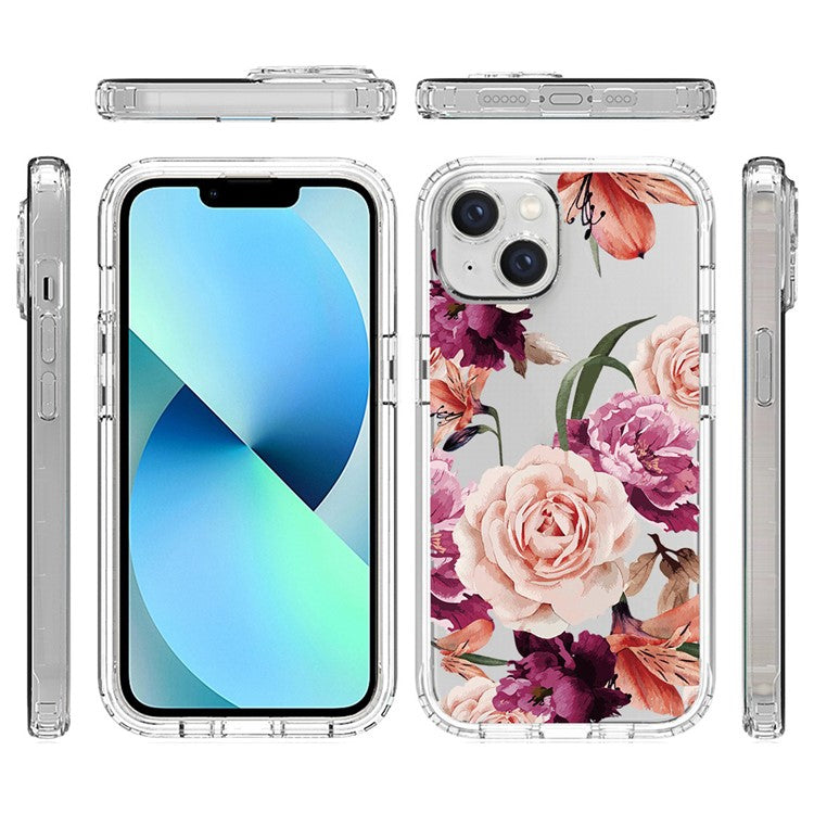 For-iPhone-14-6.1-inch--/--13-6.1-inch-Pattern-Printing-Clear-Phone-Case-Hybrid-PC-+-TPU-Protective-Cover---Purple-Flower