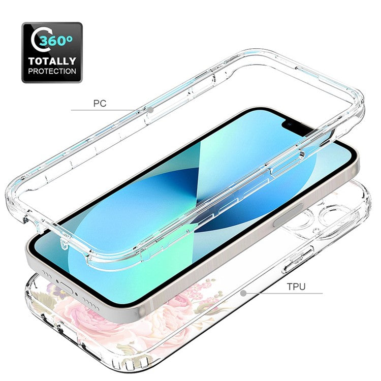 For-iPhone-14-6.1-inch--/--13-6.1-inch-Pattern-Printing-Clear-Phone-Case-Hybrid-PC-+-TPU-Protective-Cover---Rose-Flower