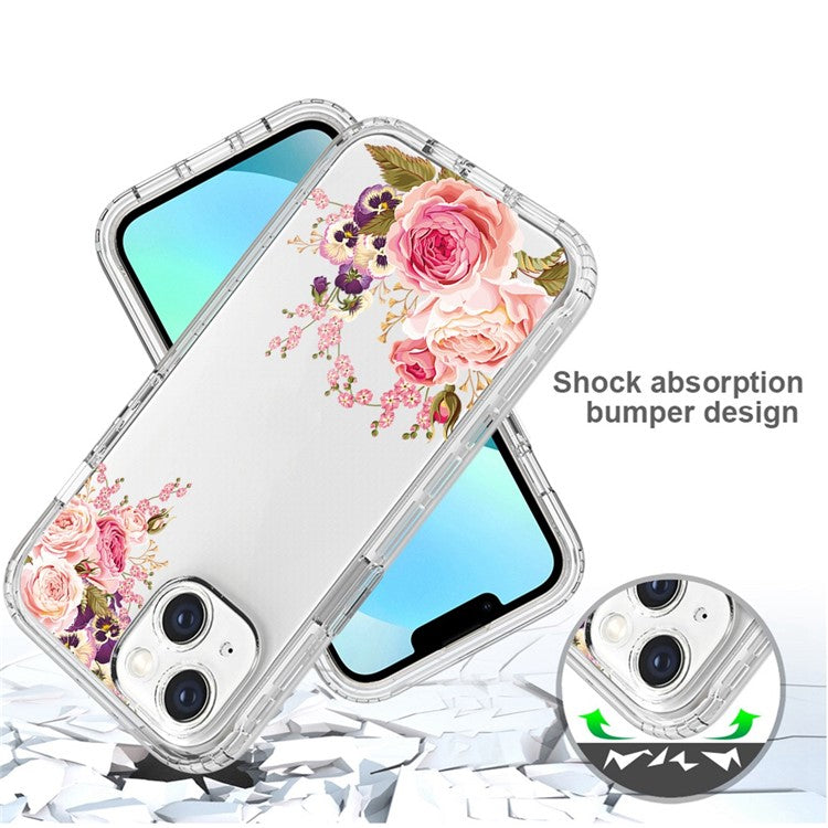 For-iPhone-14-6.1-inch--/--13-6.1-inch-Pattern-Printing-Clear-Phone-Case-Hybrid-PC-+-TPU-Protective-Cover---Rose-Flower