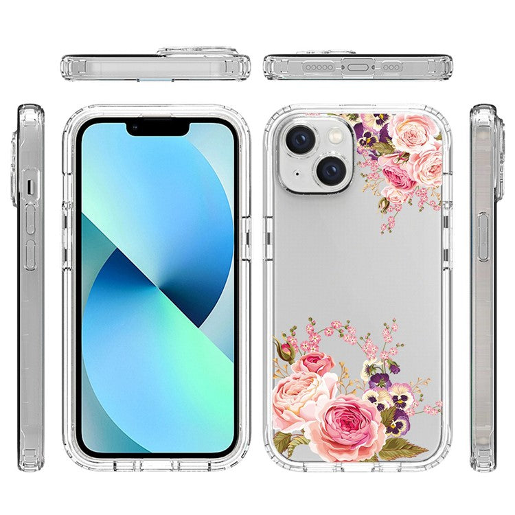 For-iPhone-14-6.1-inch--/--13-6.1-inch-Pattern-Printing-Clear-Phone-Case-Hybrid-PC-+-TPU-Protective-Cover---Rose-Flower