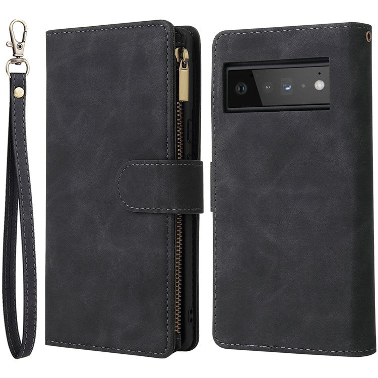 For Google Pixel 6 Pro 5G PU Leather Phone Wallet Stand Case Zipper Pocket Multiple Card Slots Phone Protective Cover - Black