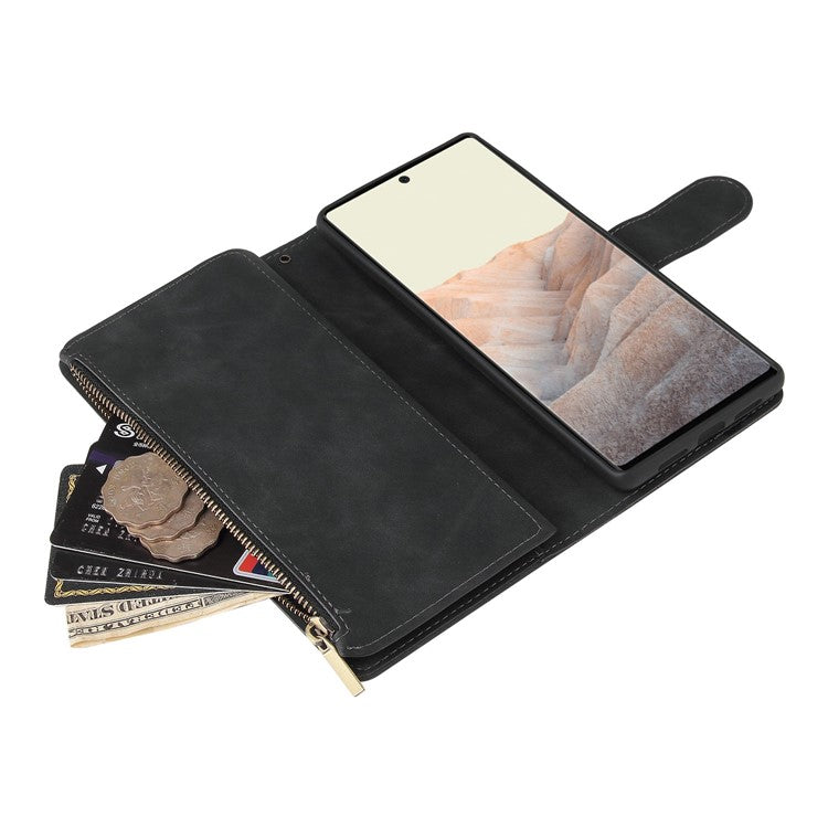 For Google Pixel 6 Pro 5G PU Leather Phone Wallet Stand Case Zipper Pocket Multiple Card Slots Phone Protective Cover - Black