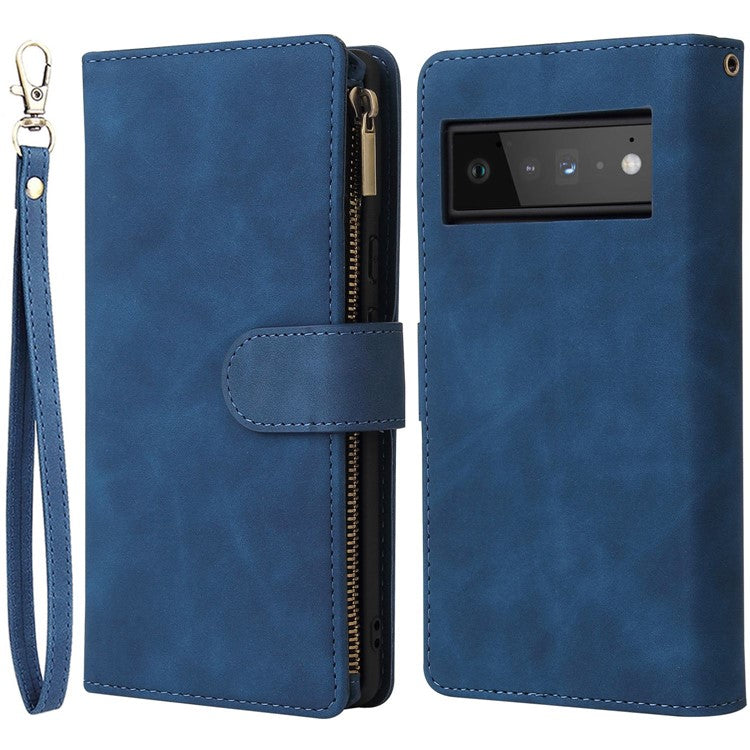 For Google Pixel 6 Pro 5G PU Leather Phone Wallet Stand Case Zipper Pocket Multiple Card Slots Phone Protective Cover - Blue